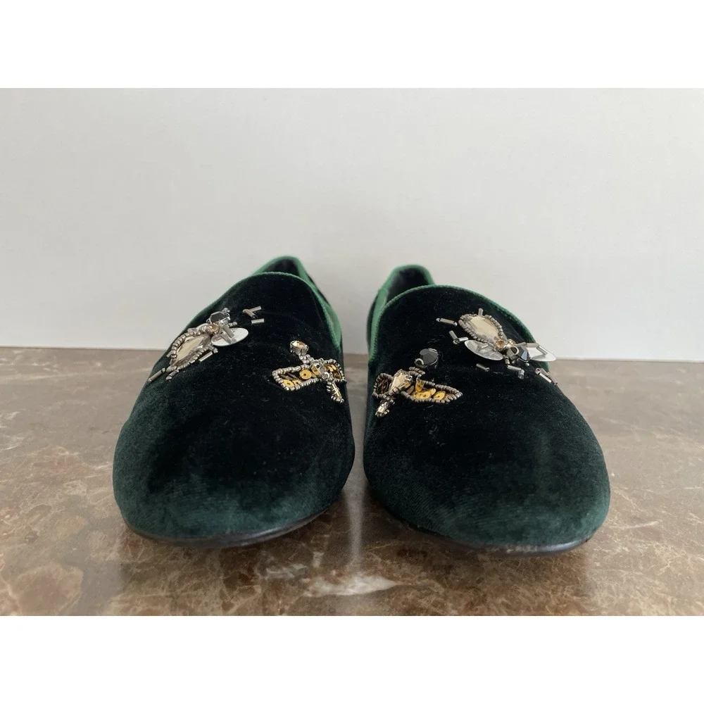 Vintage Havana Green Velvet‎ Flats Beaded Bees Dragonflies Holiday Old Money 8.5